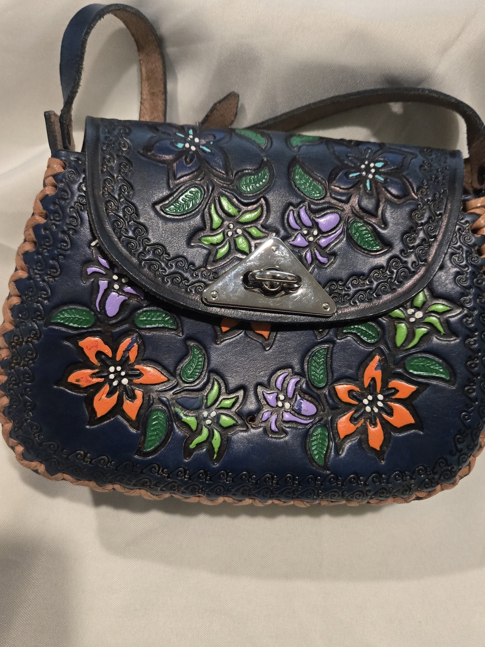 Women’s Navy Floral Hand Painted Tooled Leather Crossbody Bag Apx 9x6